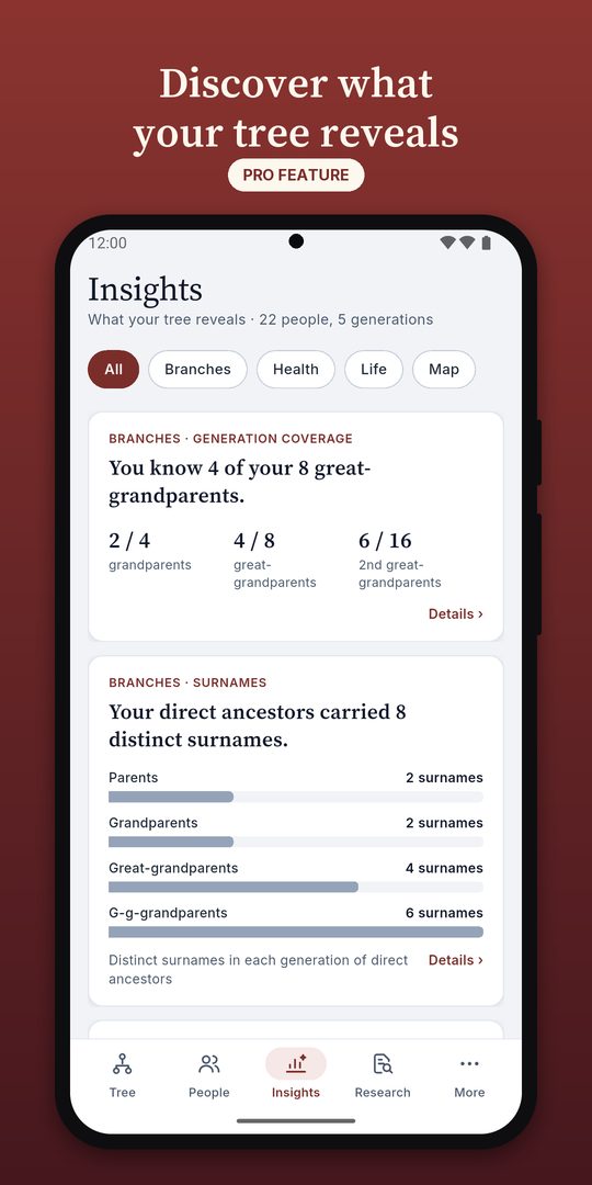 The Insights screen of the FamilyLoupe Android app showing charts about a family.