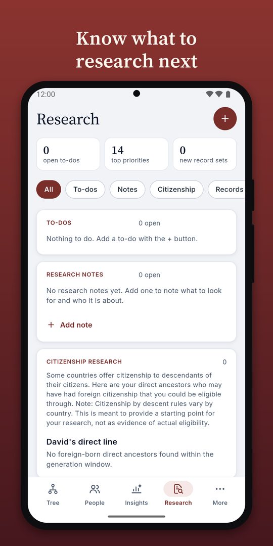 The Research screen of the FamilyLoupe Android app showing ideas for where to look next.