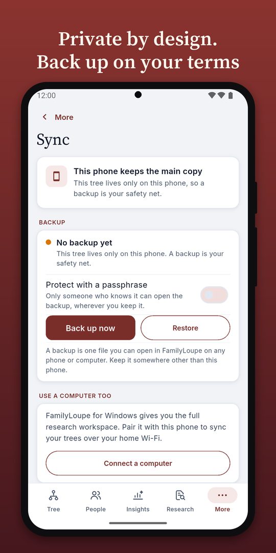 The Sync and Backup screen of the FamilyLoupe Android app.