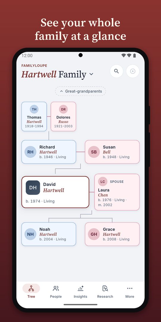 The FamilyLoupe Android app showing a family tree.