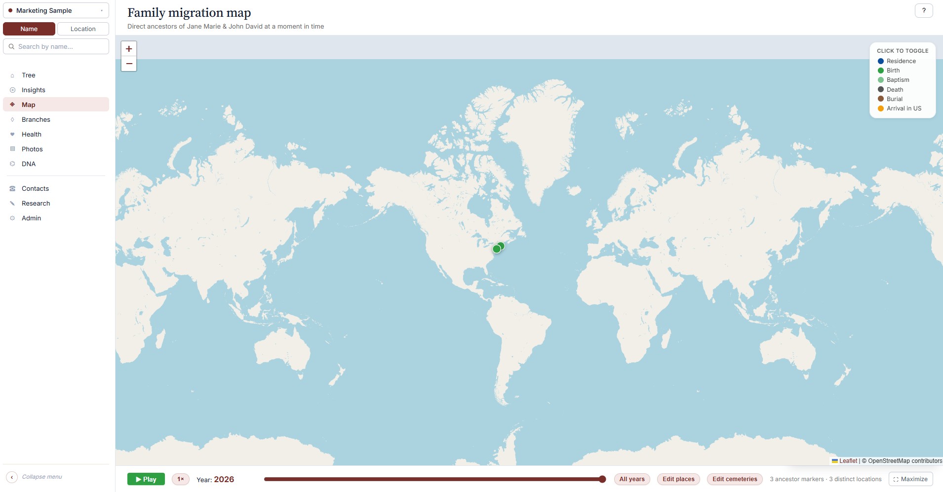 World map of family migrations with year-slider control.