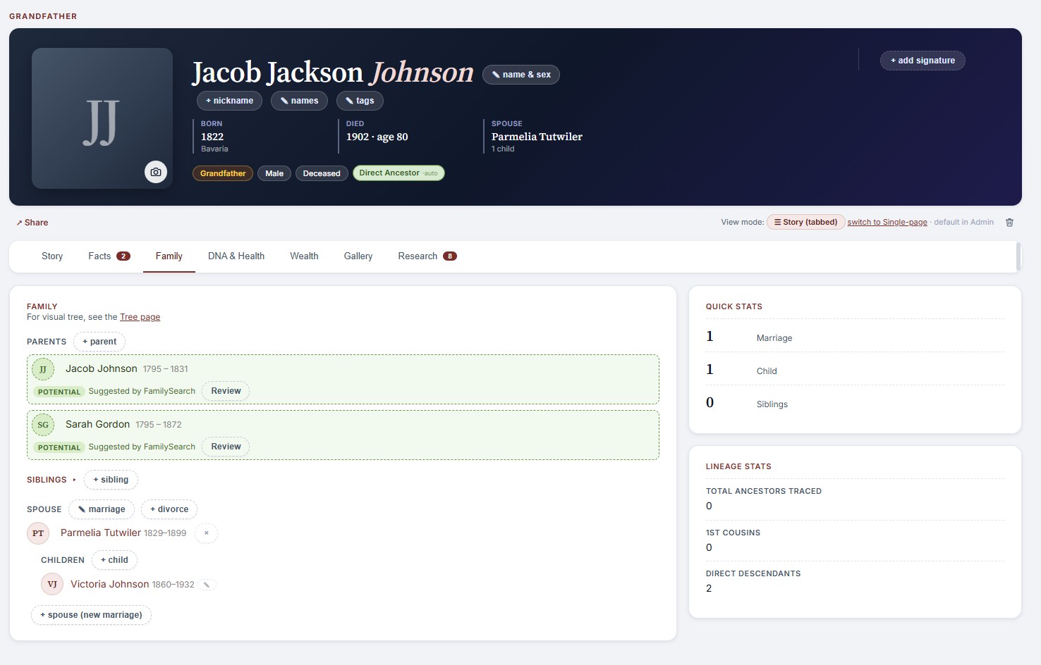 FamilyLoupe profile page showing a parent suggested by FamilySearch, with an Accept button.